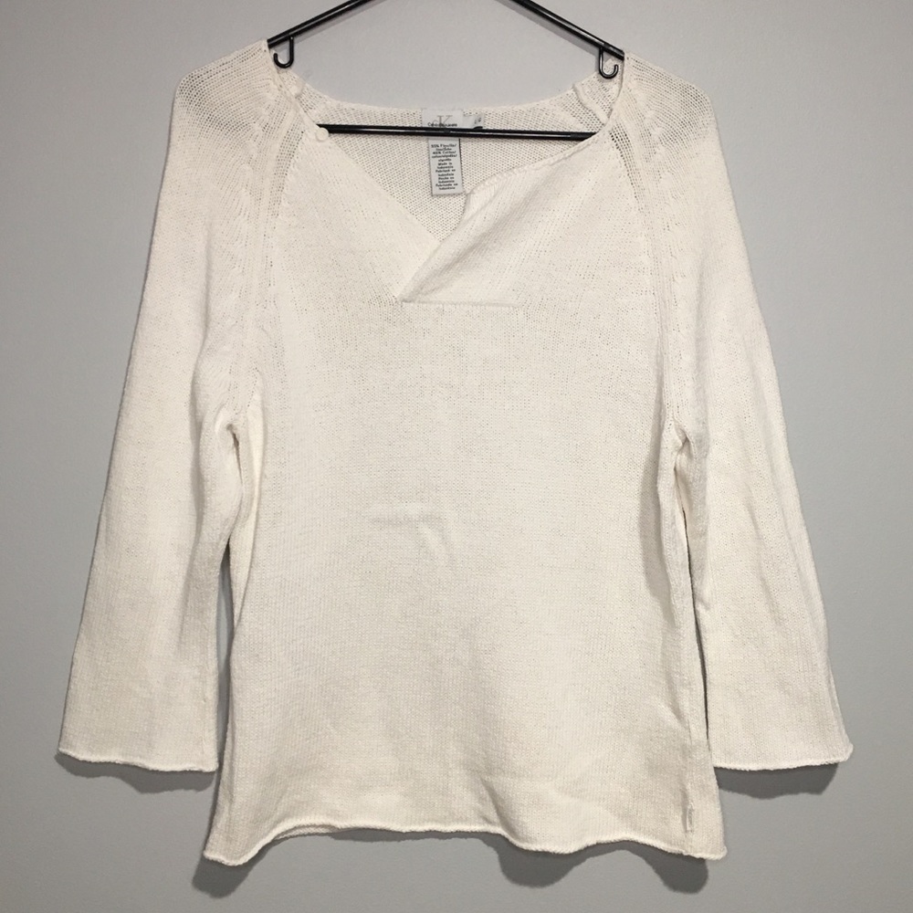Calvin Klein white linen 3/4 sleeve blouse EUC